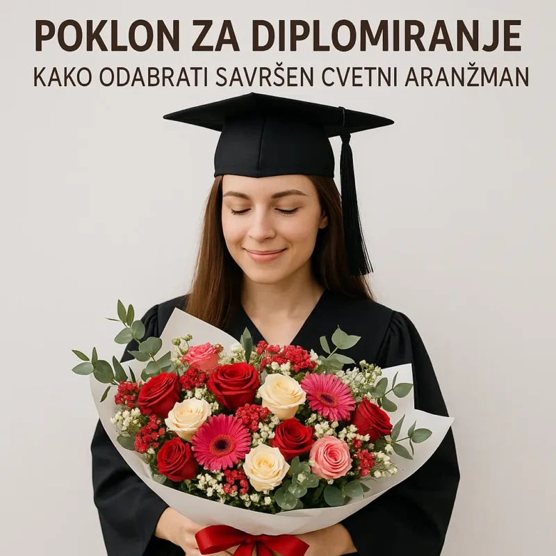 Devojka u togi drži buket cveća kao poklon za diplomiranje