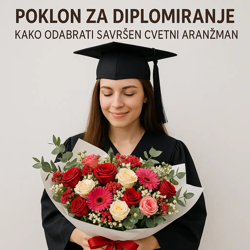 Devojka u togi drži buket cveća kao poklon za diplomiranje