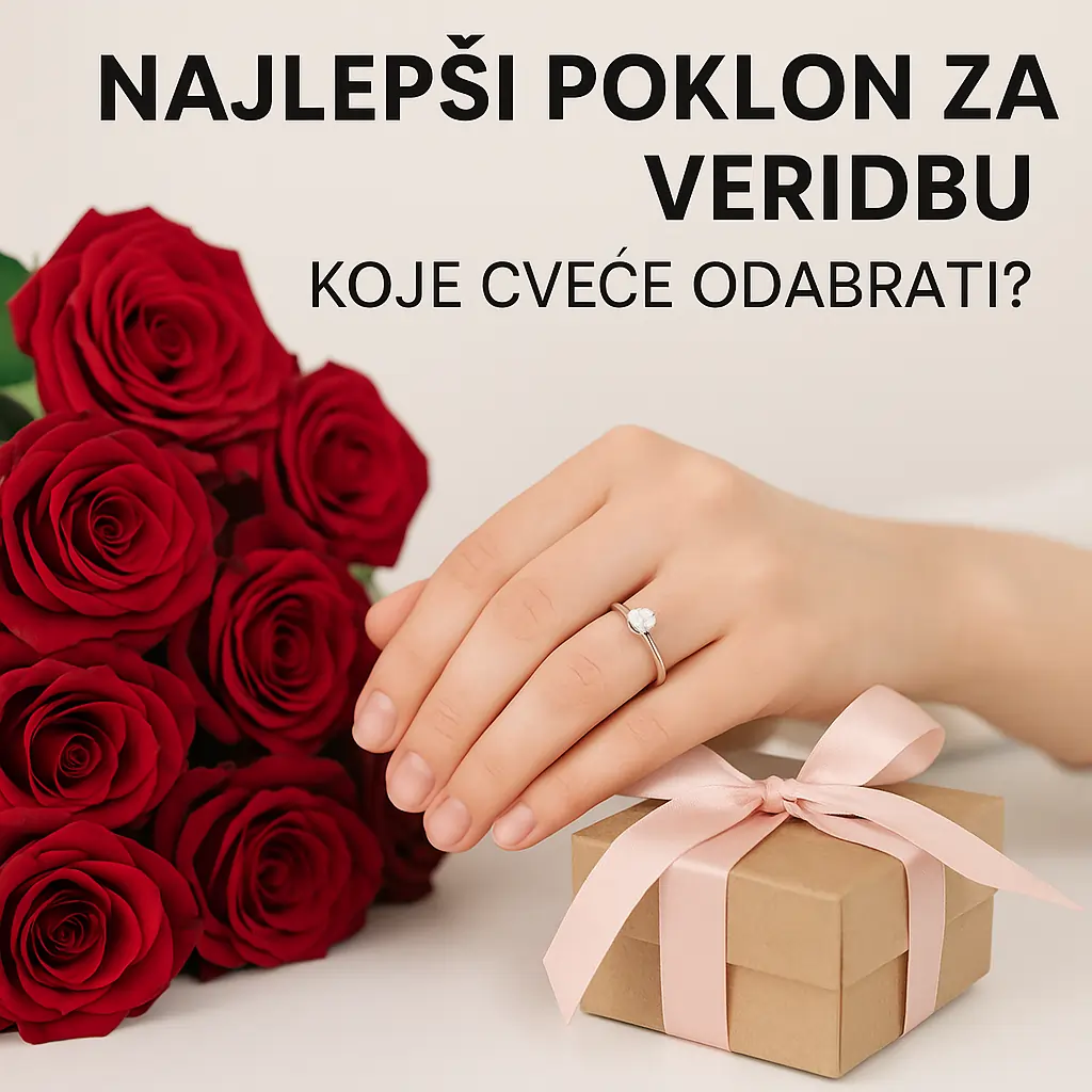 Poklon za veridbu sa buketom crvenih ruža, poklon kutijom i vereničkim prstenom