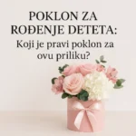Poklon za rodjenje deteta – aranzman sa ruzama i belim hortenzijama u roze kutiji