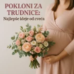 Pokloni za trudnice – buket nežnog cveća za trudnicu u roze haljini