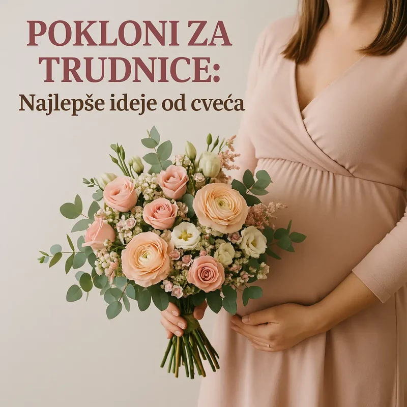 Pokloni za trudnice – buket nežnog cveća za trudnicu u roze haljini