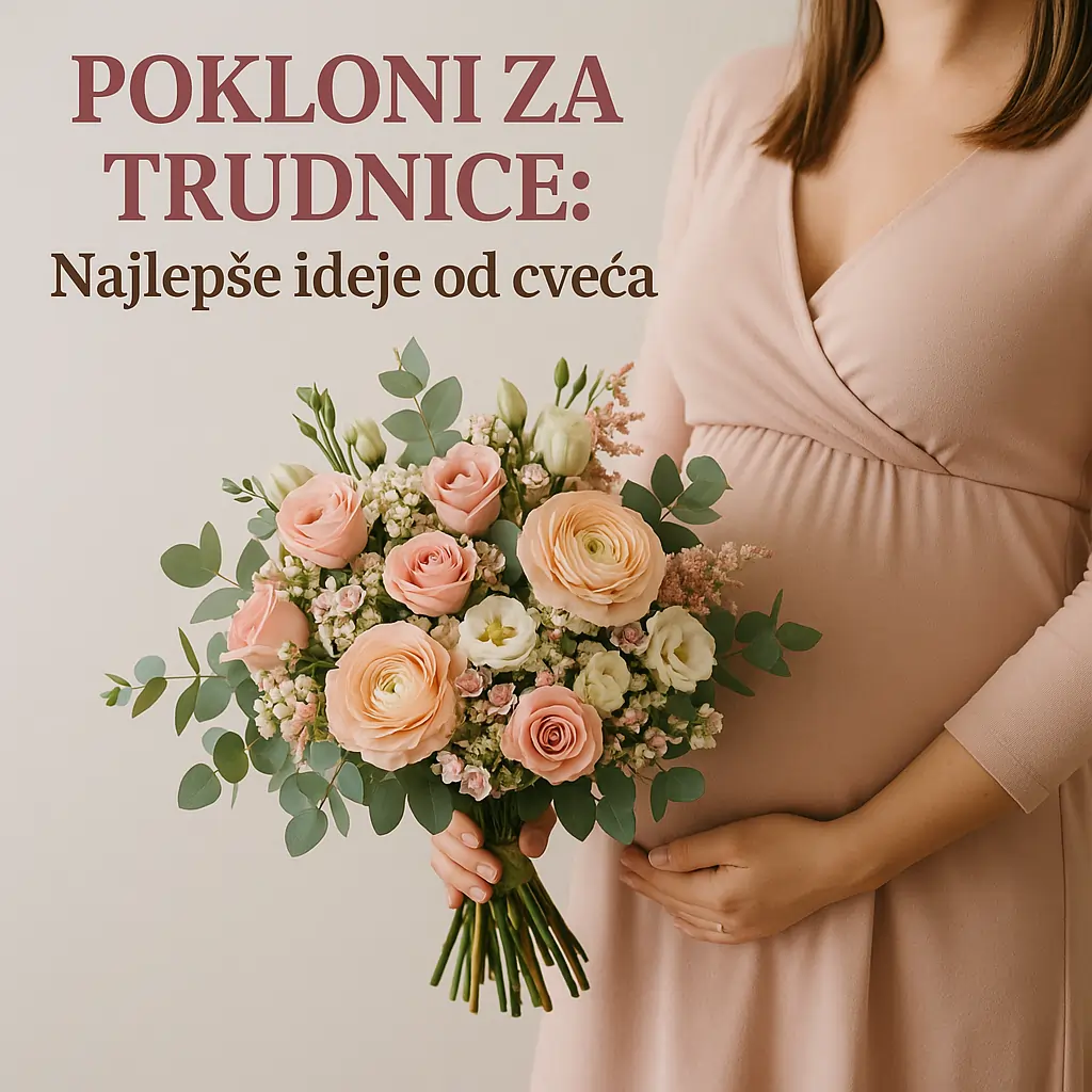 Pokloni za trudnice – buket nežnog cveća za trudnicu u roze haljini