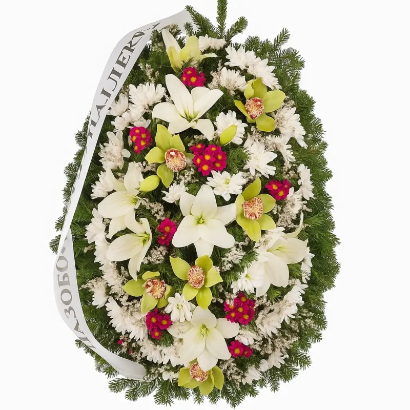 Veliki venac za sahrane sa orhidejama, ljiljanima i margaretama