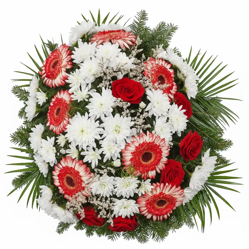 Venac za sahrane sa gerberima, ružama, margaretama i gipsofilom