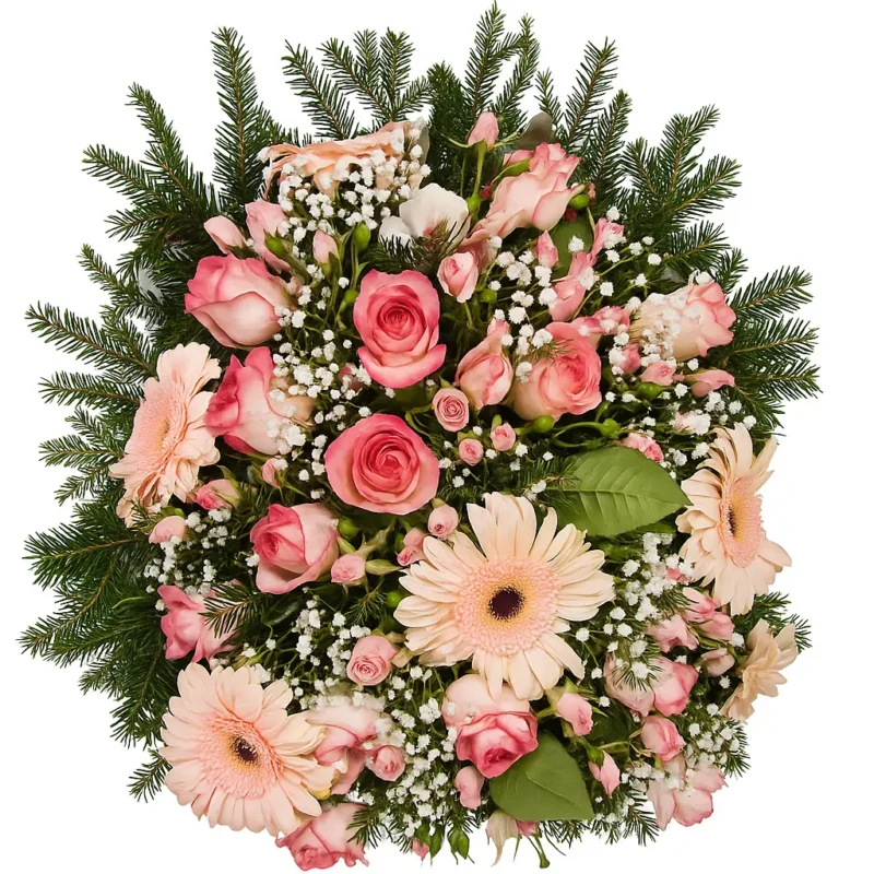 Venac za sahrane sa roze gerberima, roze ružama, mini roze ružama i margaretama