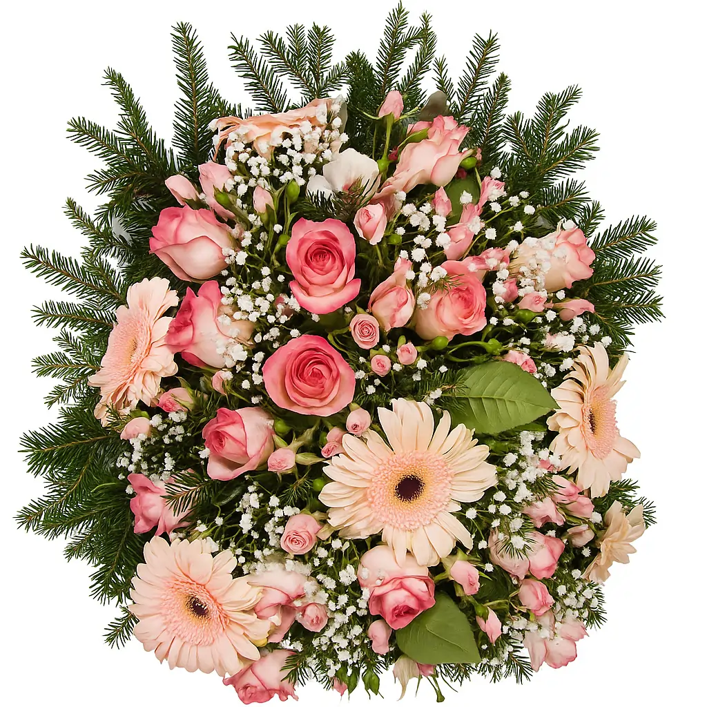 Venac sa roze gerberima i ružama za sahrane Venac za sahrane sa roze gerberima, roze ružama, mini roze ružama i margaretama