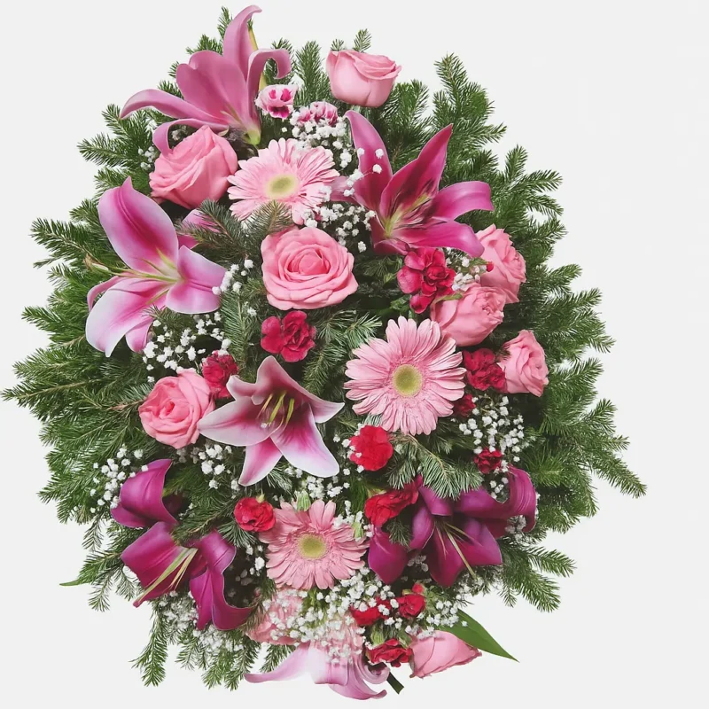Veći venac za sahrane sa orijentalnim ljiljanima, roze ružama, roze gerberima i bordo karanfilima