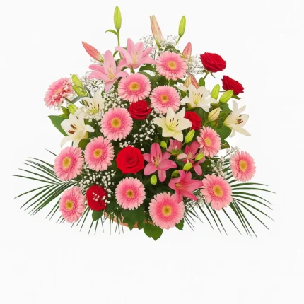 Velika korpa cveća sa gerberima, orijentalnim ljiljanima, ljiljanima i palmama