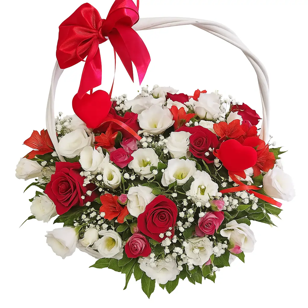 Velika korpa cveća sa srcem – Ekvador ruže i lizijantusi Velika korpa sa srcem, Ekvador ružama, belim lizijantusima, crvenim mini ružama i alstromerijama