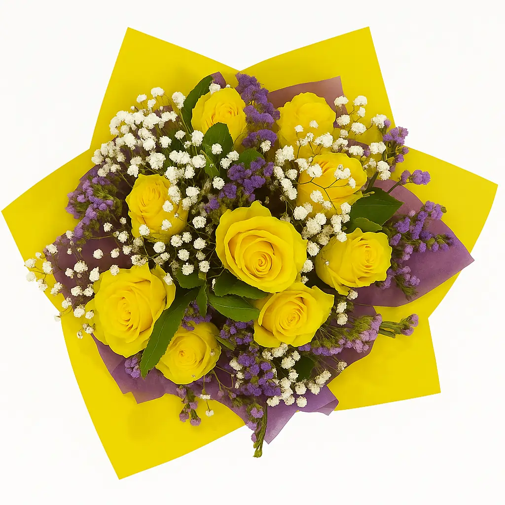 Buket žutih ruža sa ljubičastim i belim detaljima Buket od 9 žutih ruža sa ljubičastom staticom i gipsofilom