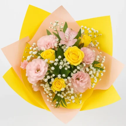 Buket od 5 žutih ruža sa lizijantusima, alstromerijama, gipsofilom i zelenilom