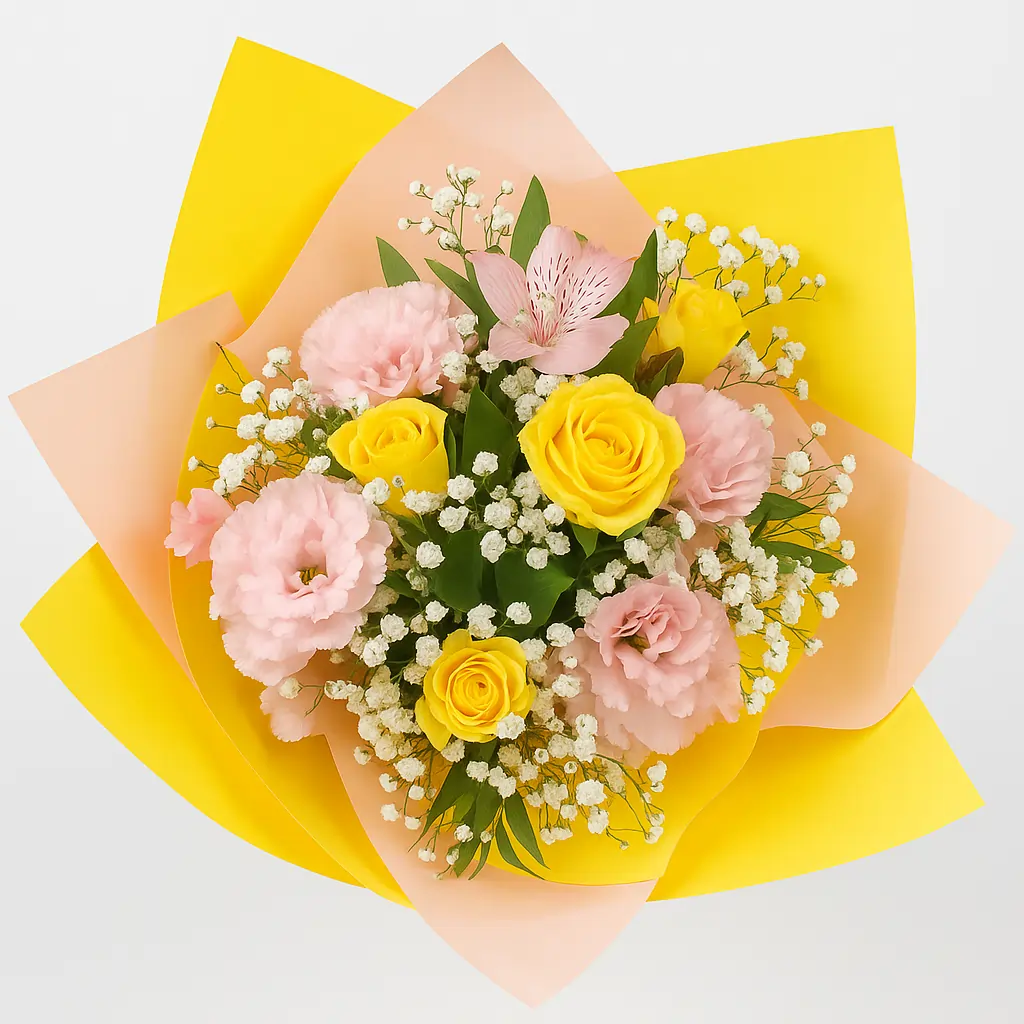 Buket žutih ruža i lizijantusa Buket od 5 žutih ruža sa lizijantusima, alstromerijama, gipsofilom i zelenilom