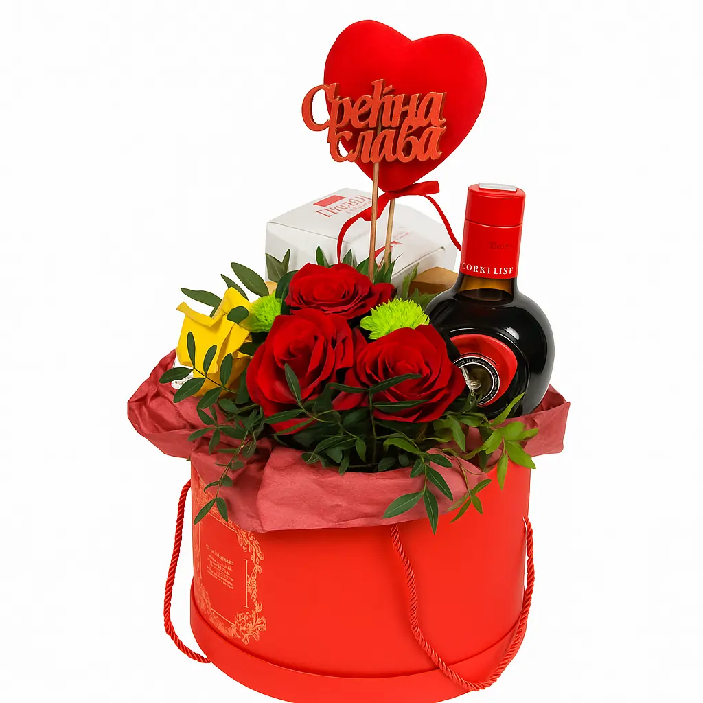 Poklon kutija sa likerom, čokoladama i cvetnim aranžmanom Veliki gift box sa Gorki List likerom, čokoladicama, Raffaello kuglicama i cvetnim aranžmanom