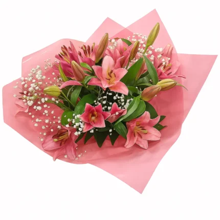 Veliki buket od pet roze ljiljana sa gipsofilom