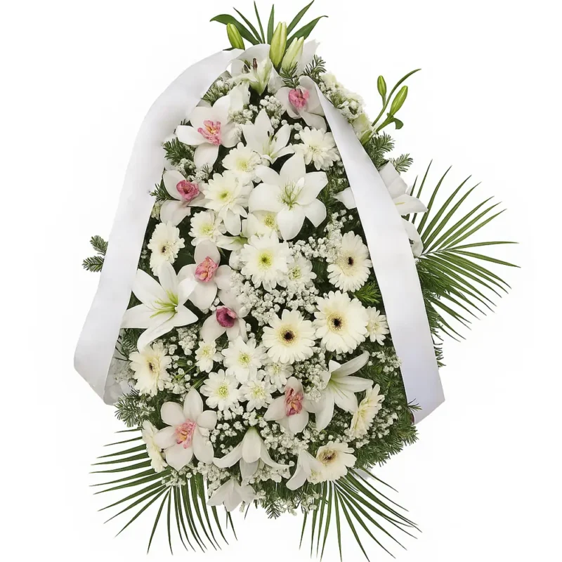 Veliki venac za sahrane sa orhidejama, ljiljanima, gerberima, margaretama i gipsofilom