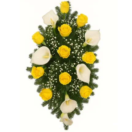 Suza za sahrane sa 10 žutih ruža i 6 belih kala