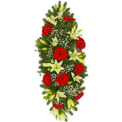 Suza za sanduk sa 10 belih ljiljana i 10 crvenih gerbera