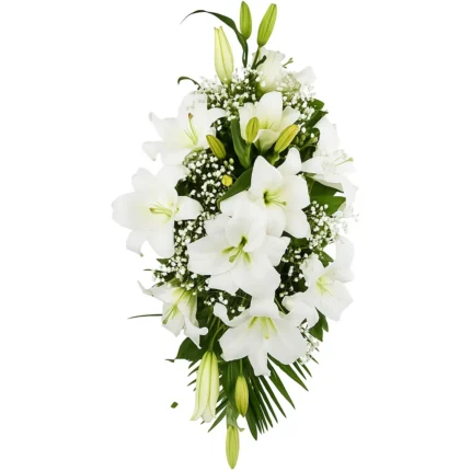 Velika suza sa 5 orijentalnih ljiljana, gipsofilom, zelenilom i palmama – cvećara Zemun, dostava Beograd