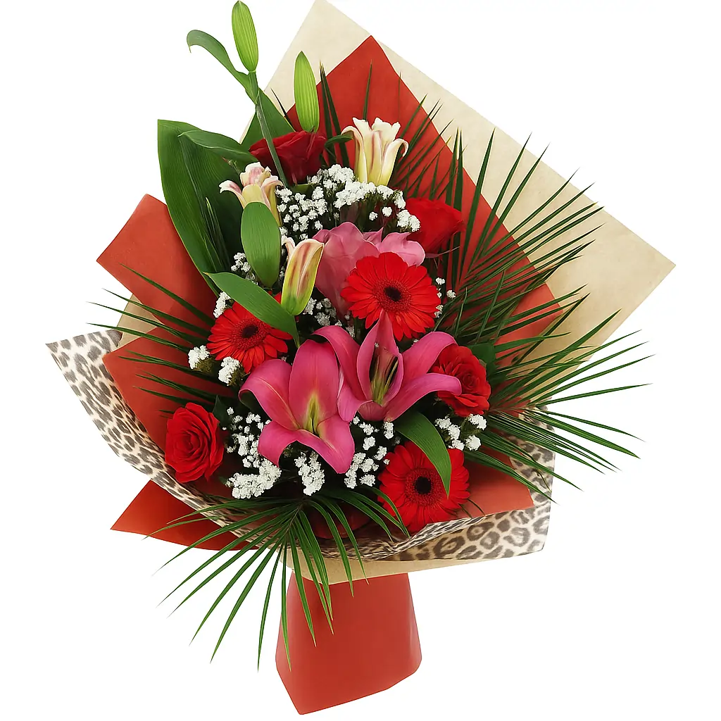 Veliki buket sa 2 orijentalna ljiljana, 4 crvene ruže, 3 gerbera, palmom, gipsofilom i zelenilom Veliki buket sa 2 orijentalna ljiljana, 4 crvene ruže, 3 gerbera, palmom, gipsofilom i zelenilom – raskošan i elegantan aranžman za poklone