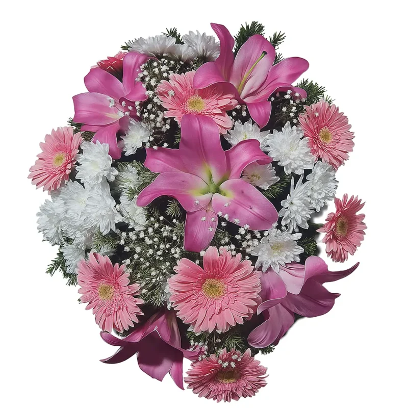 Srednji venac za sahrane sa roze gerberama, belim margaretama i ljiljanom