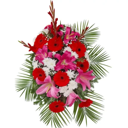 Venac za sahrane sa ljiljanima, crvenim gerberama, margaretama i gladiolama