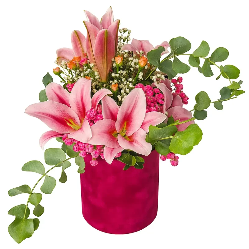 Srednji cvetni box sa orijentalnim ljiljanima, mini ružama i eukaliptusom