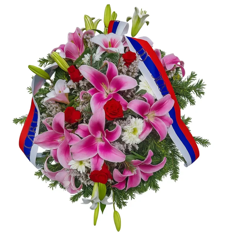Srednji venac za sahrane sa ljiljanima, crvenim ružama i belim gerberama