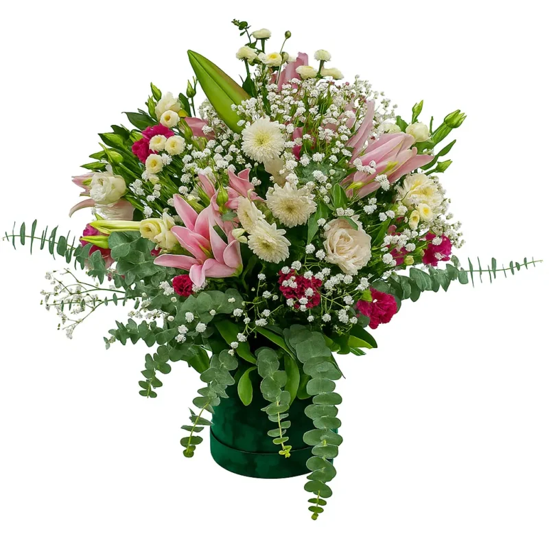 Veliki box sa orijentalnim ljiljanima, ružama, lizijantusima i sezonskim cvećem