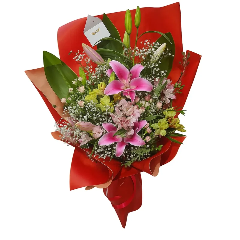 Srednji buket sa ljiljanima, žutim alstromerijama i gipsofilom