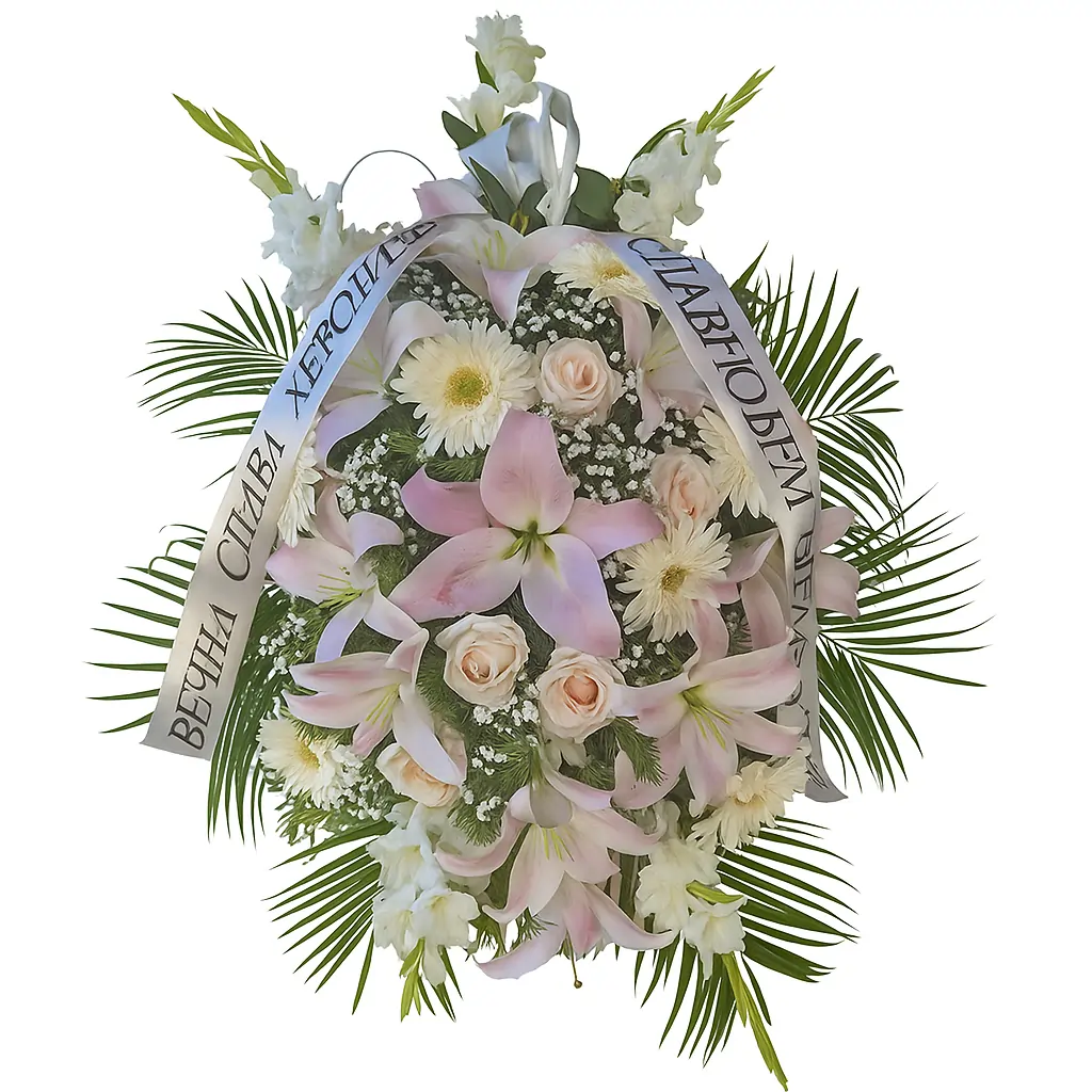 Srednji venac – elegantan pogrebni aranžman u belim tonovima Srednji venac sa belim gerberama, krem ružama, ljiljanima i gladiolama