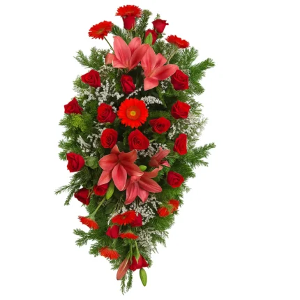 Velika pogrebna suza sa ružama, ljiljanima i gerberama