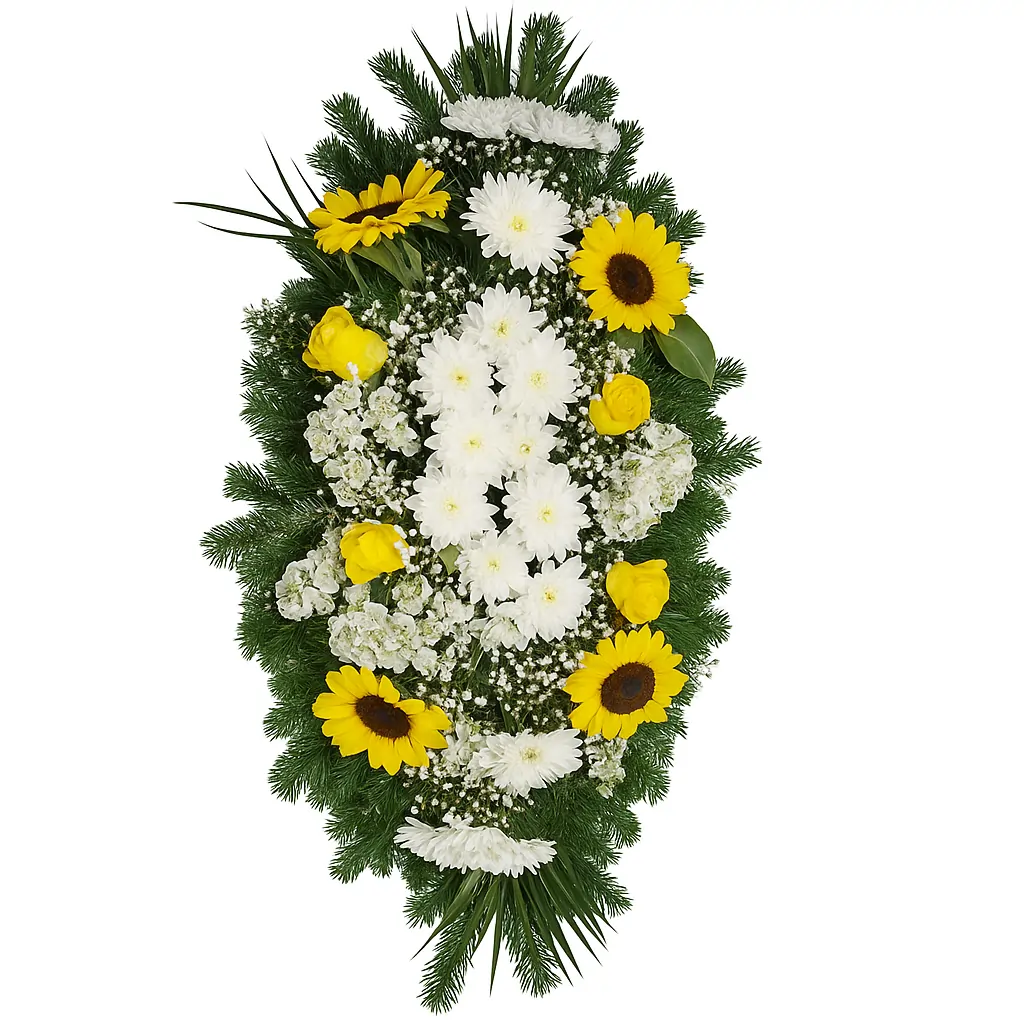 Velika suza – aranžman sa suncokretima i žutim ružama Velika pogrebna suza sa suncokretima, žutim ružama, margaretama i sezonskim cvećem