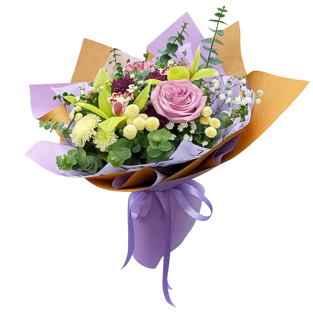 Buket sa ljubičastim ružama i orhidejama – luksuzan cvetni aranžman Buket sa ljubičastim ružama, orhidejama i margaretama
