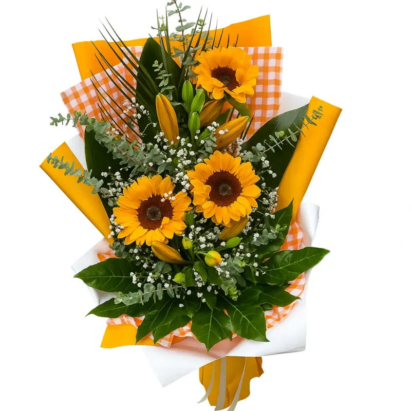 Srednji buket sa suncokretima, ljiljanima i zelenilom