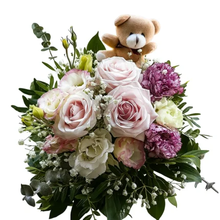 Buket sa ružama, lizijantusom, karanfilima i plišanim medom