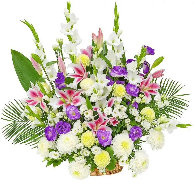 Velika korpa od lizijantusa, gladiola, ljiljana i hrizantema