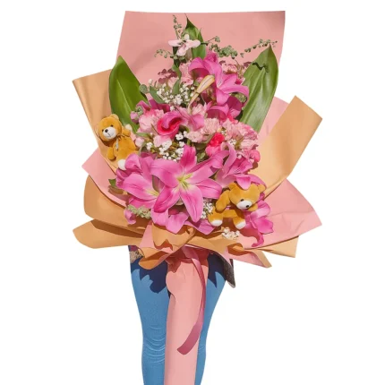 XXL buket sa ljiljanima, ružama, medvedićima i gipsofilom