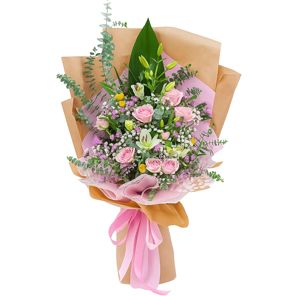 XXL buket – roze ruže, beli ljiljan i eukaliptus XXL buket sa roze ružama, mini karanfilima i belim ljiljanom